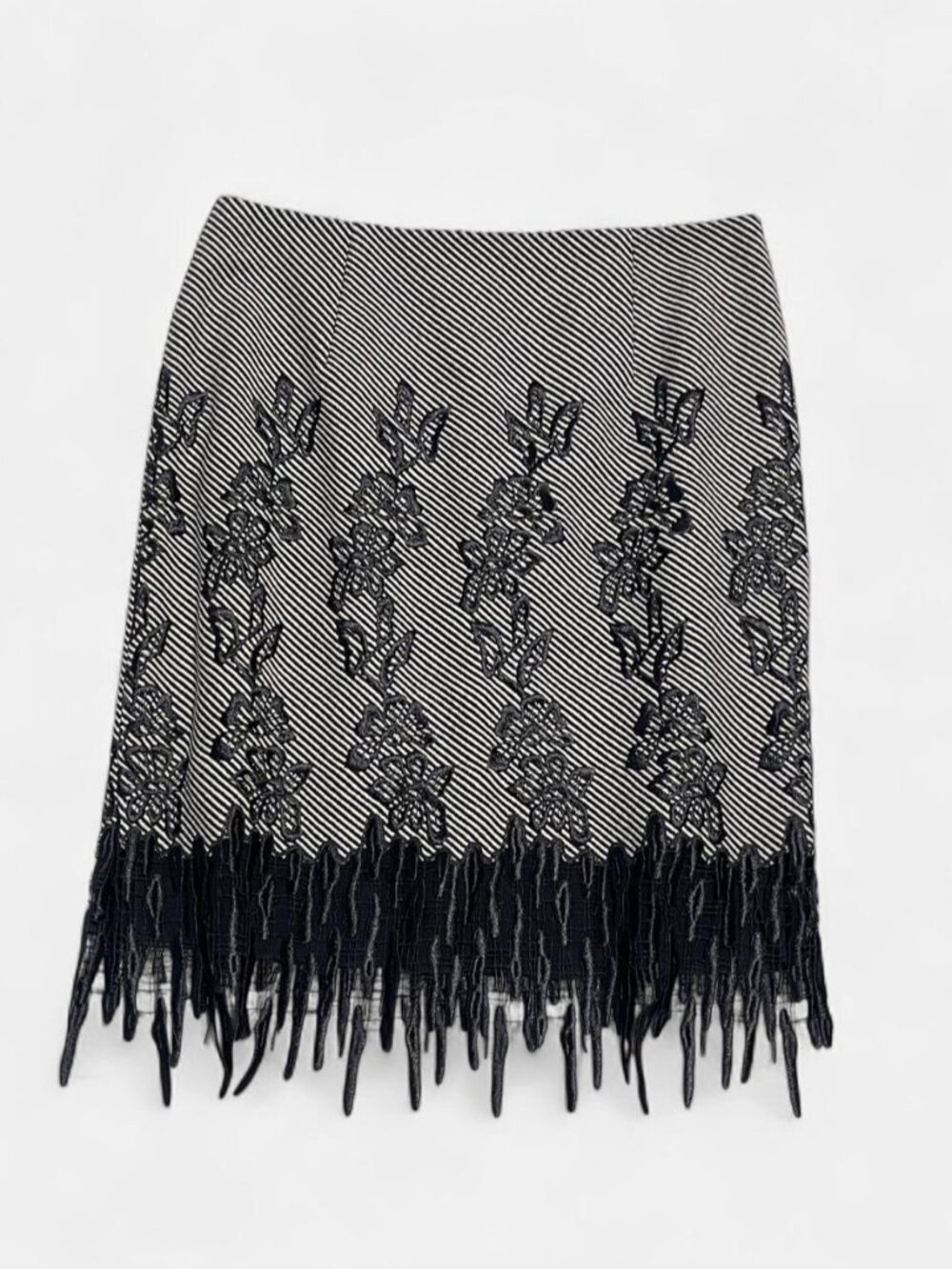 avant garde black & white floral lace midi skirt with fringe